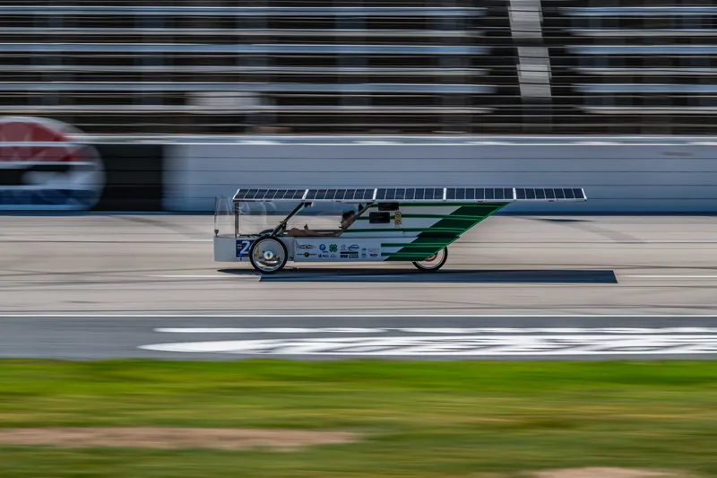 Solar car racing on the Texas Motor Speedway track