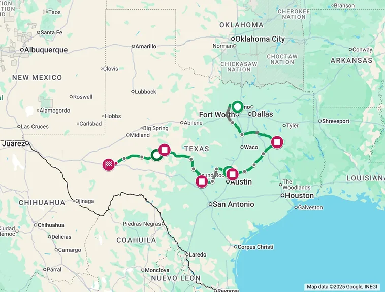 Route across Texas